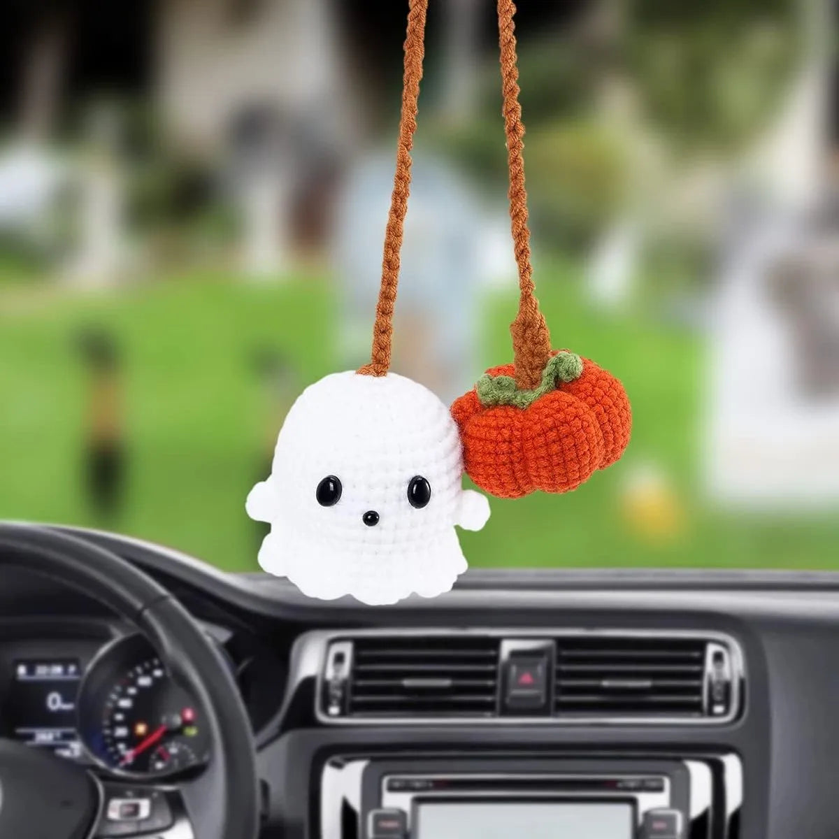 Crochet Pumpkin and Boo Car Accessories