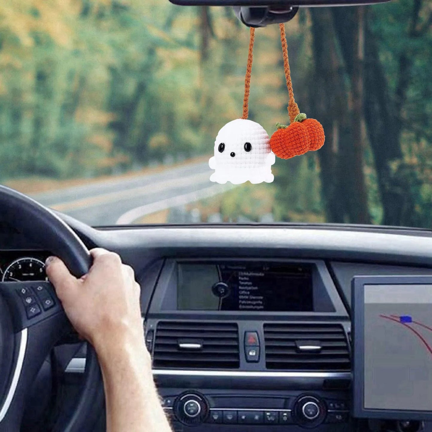 Crochet Pumpkin and Boo Car Accessories